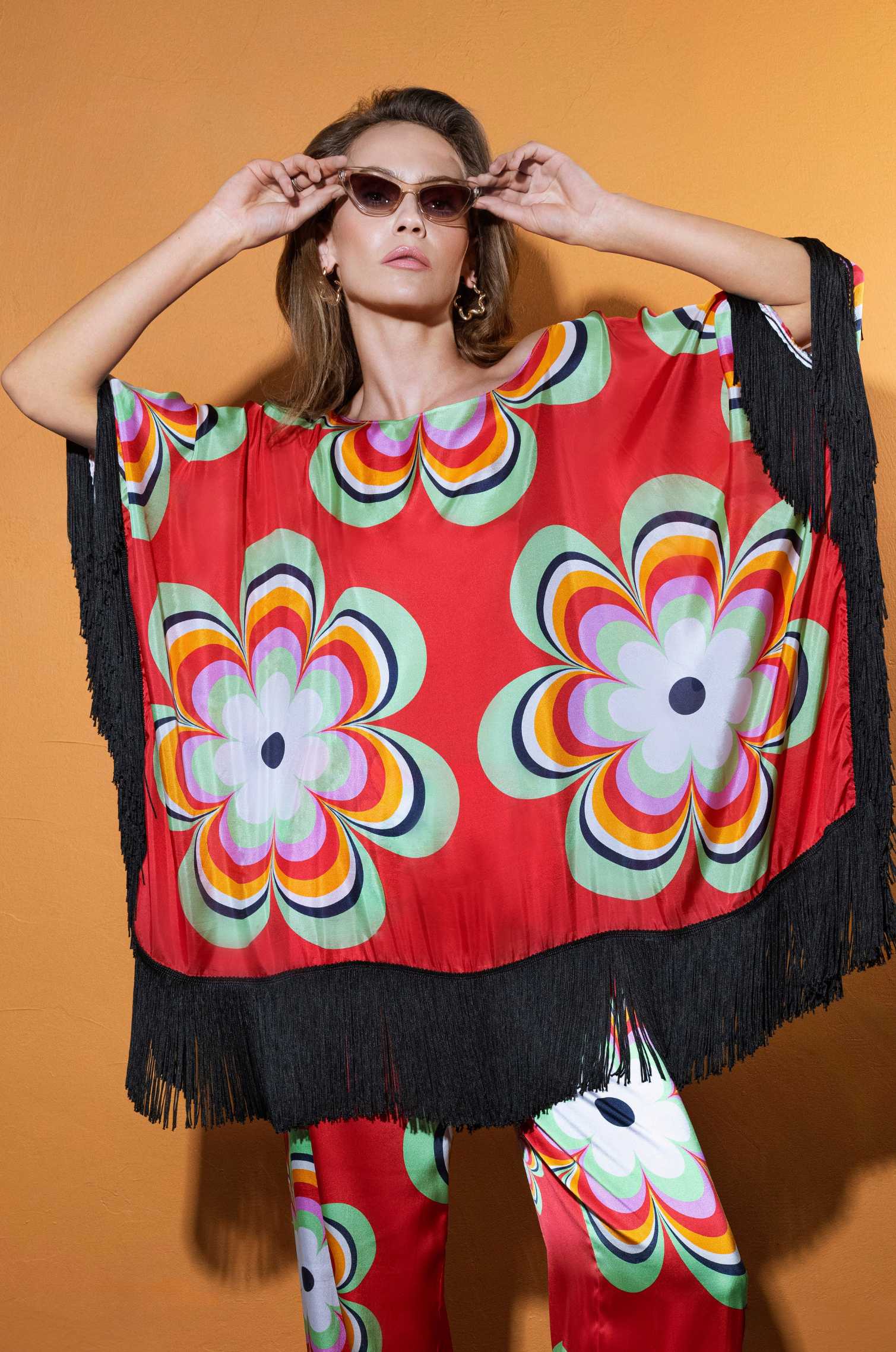 60's spring flower silk poncho