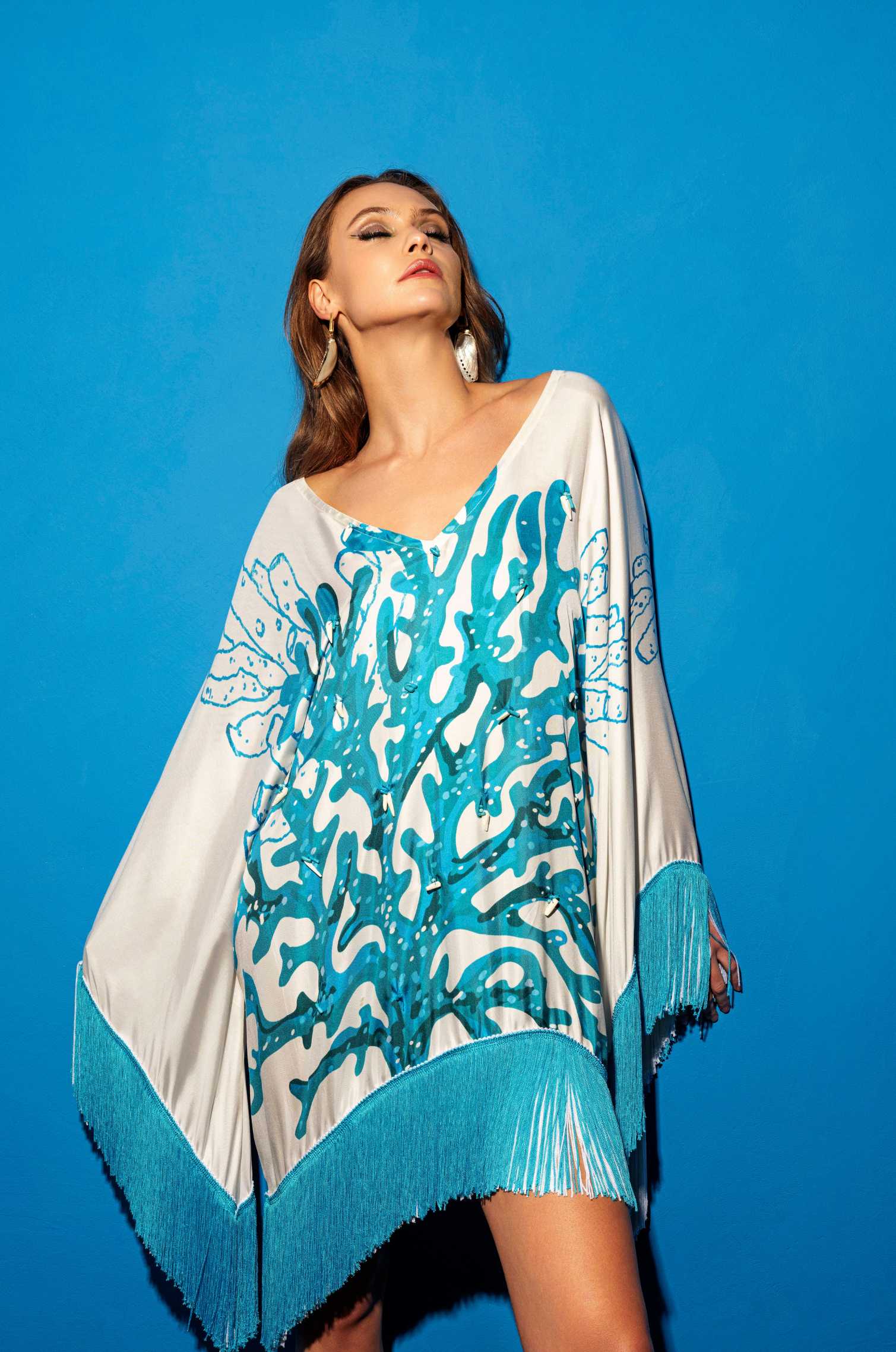 Embellished corals silk poncho