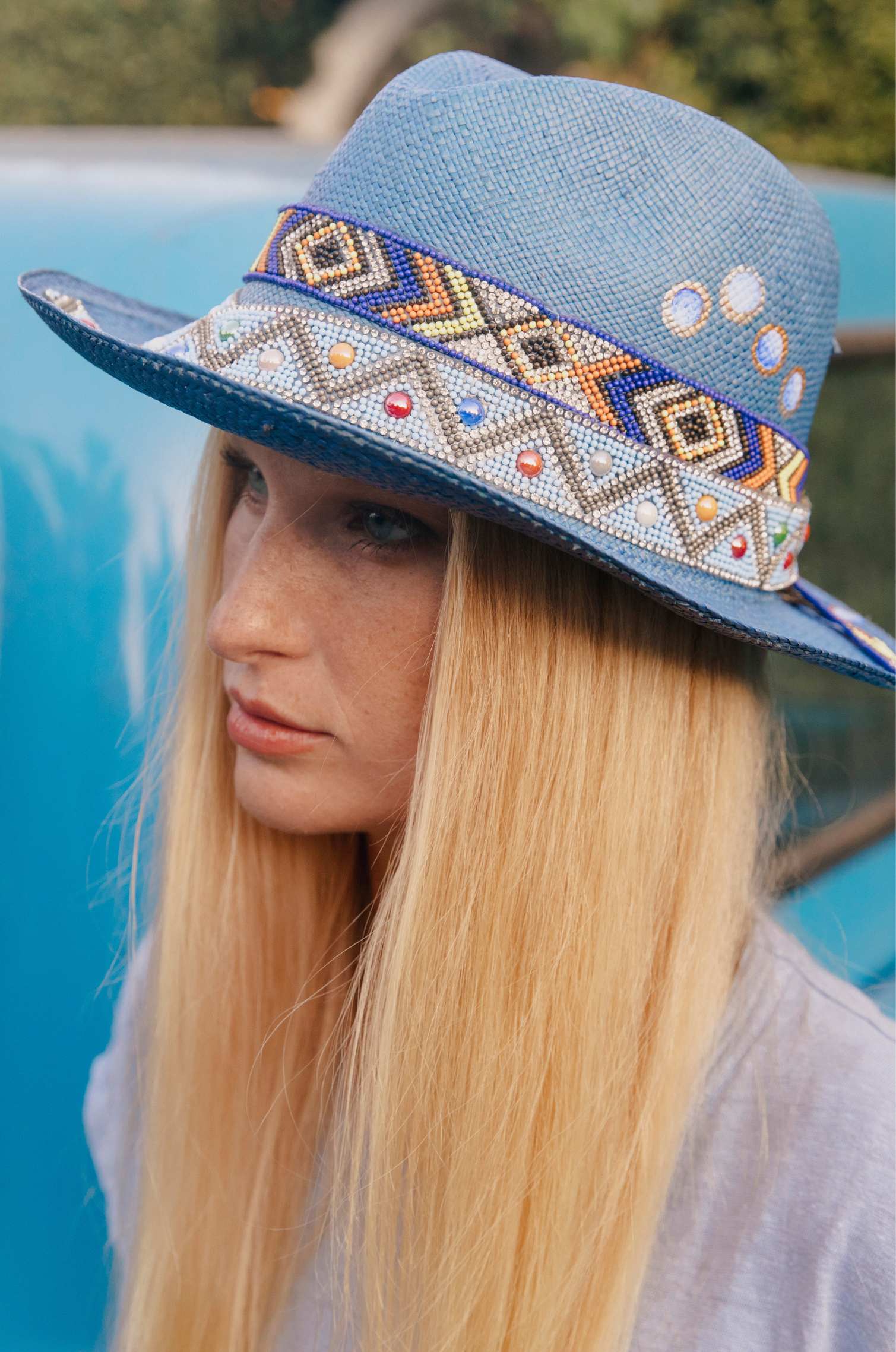 BLUE GLOSSY BUBBLES PANAMA HAT