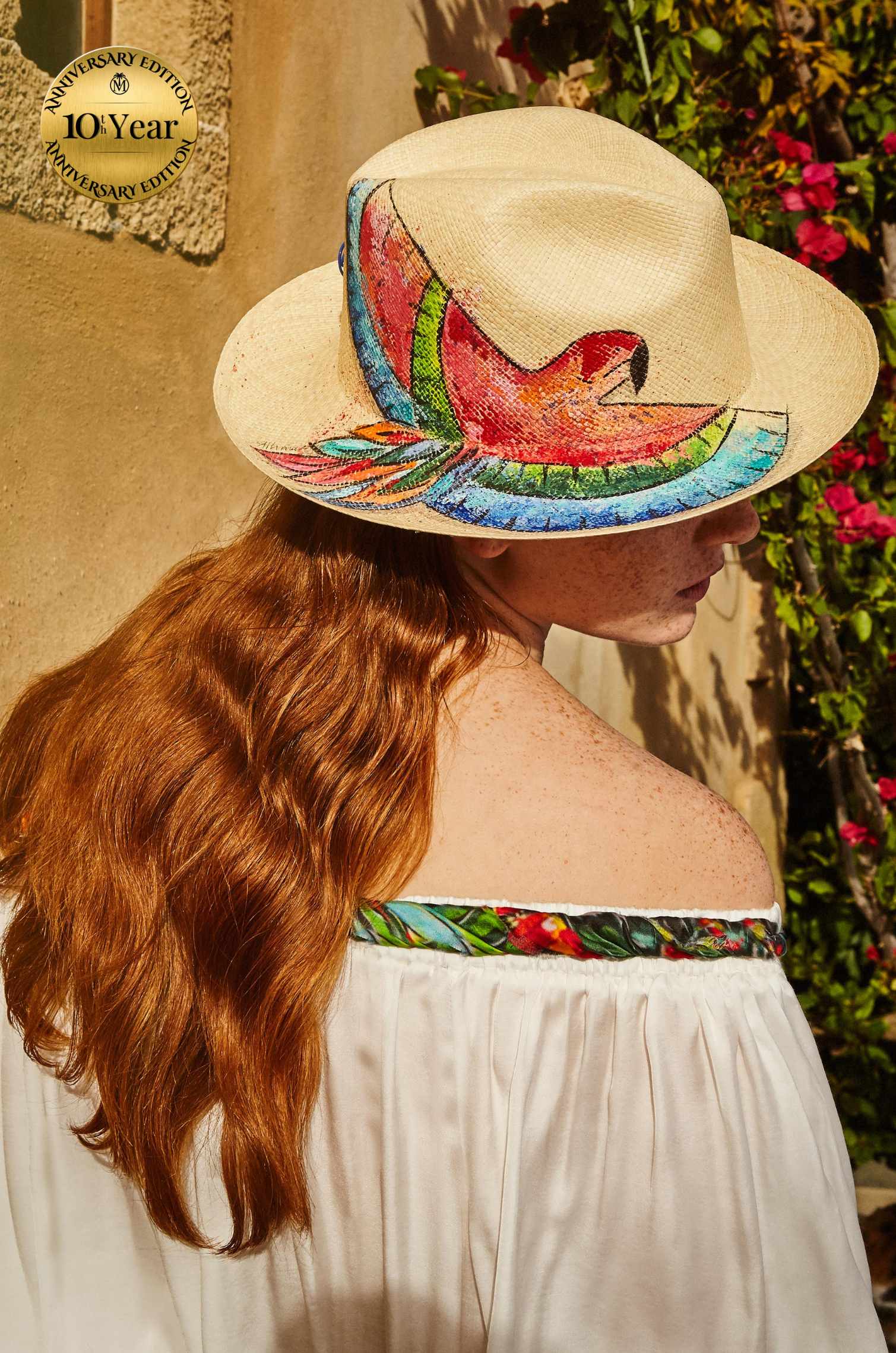 Scarlet macaw melody Panama hat