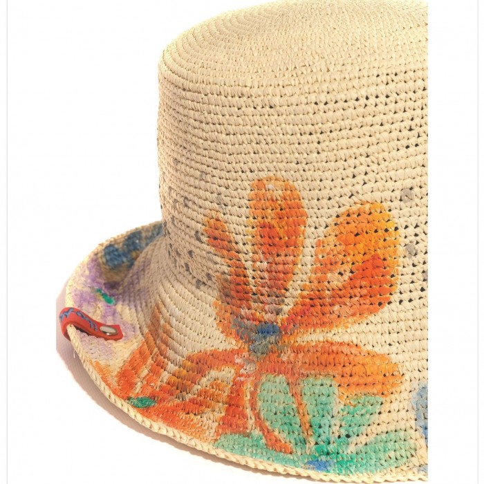 60’s DOTS  FLOWERS BUCKET CROCHET PANAMA HAT